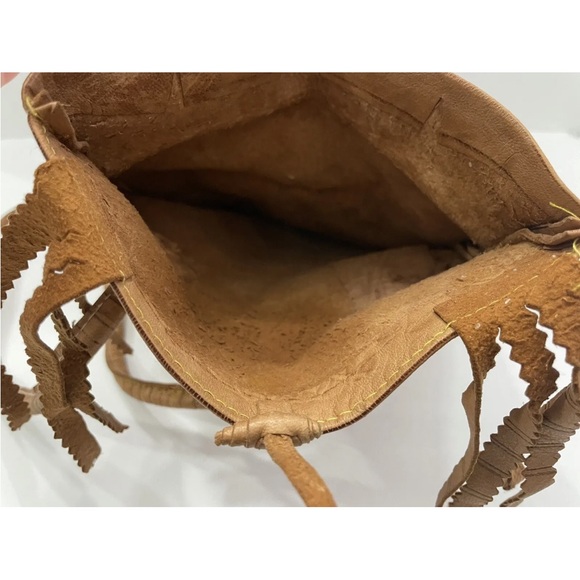 Hippie Boho Y2K Shoulder Bag Purse Fringe Brown Leather Hand Made Painted - Picture 8 of 8